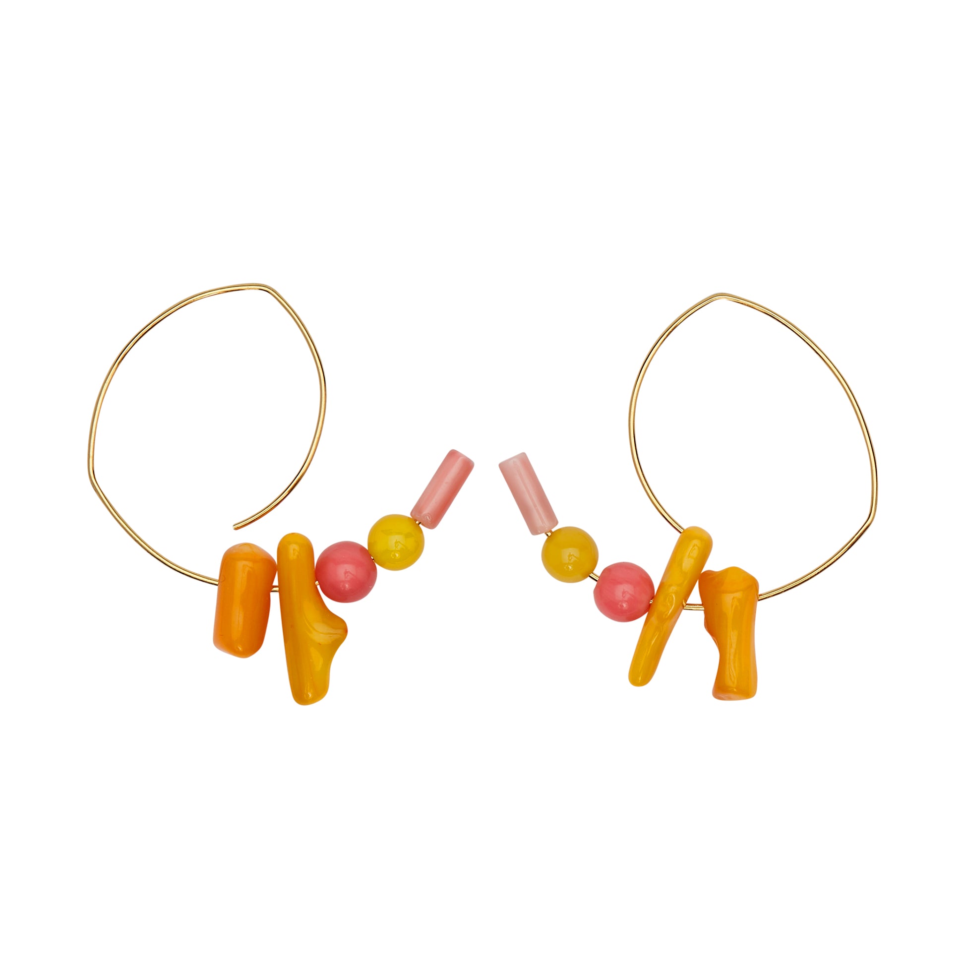 Angled Curl Earrings with Orange Sea Bamboo, Pink Coral and Yellow Agate