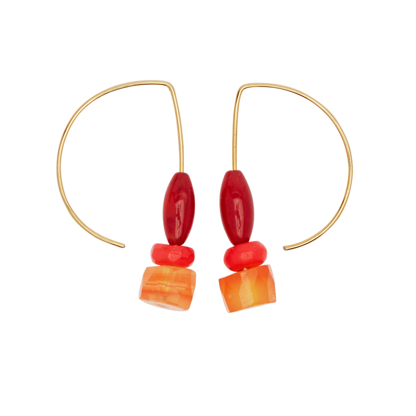 Short Curve Earrings with Coral, Red Coral and Carnelian