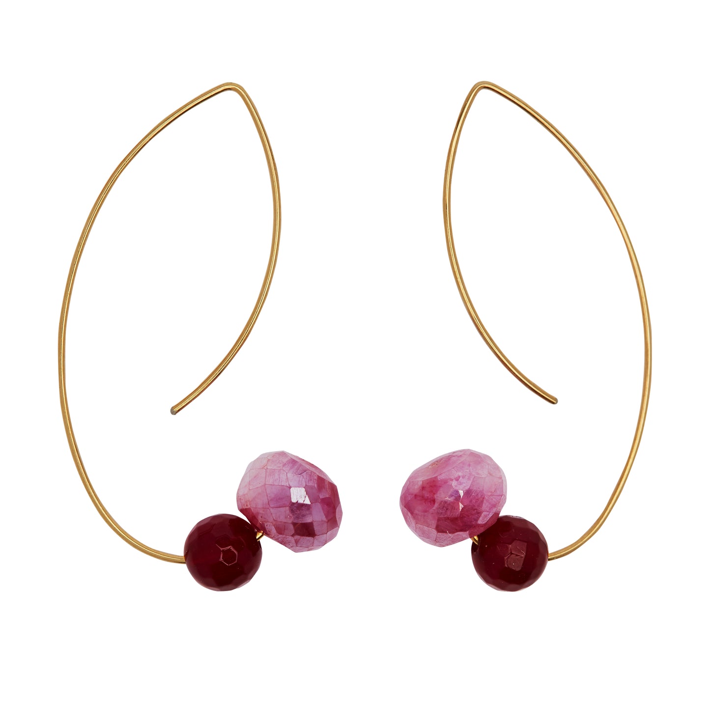 Angled Curve Earrings with Pink Mystic Chalcedony Roundel and Red Agate