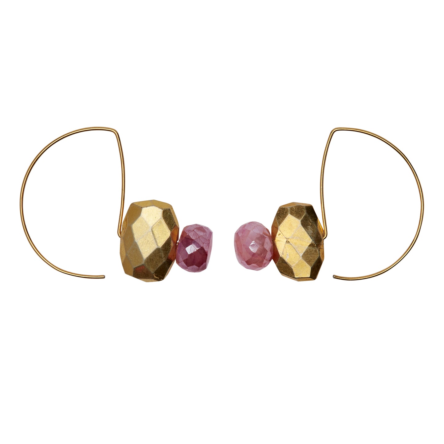 Short Curve Earrings with Pink Mystic Chalcedony Roundel and Gold Pyrite Faceted Oval
