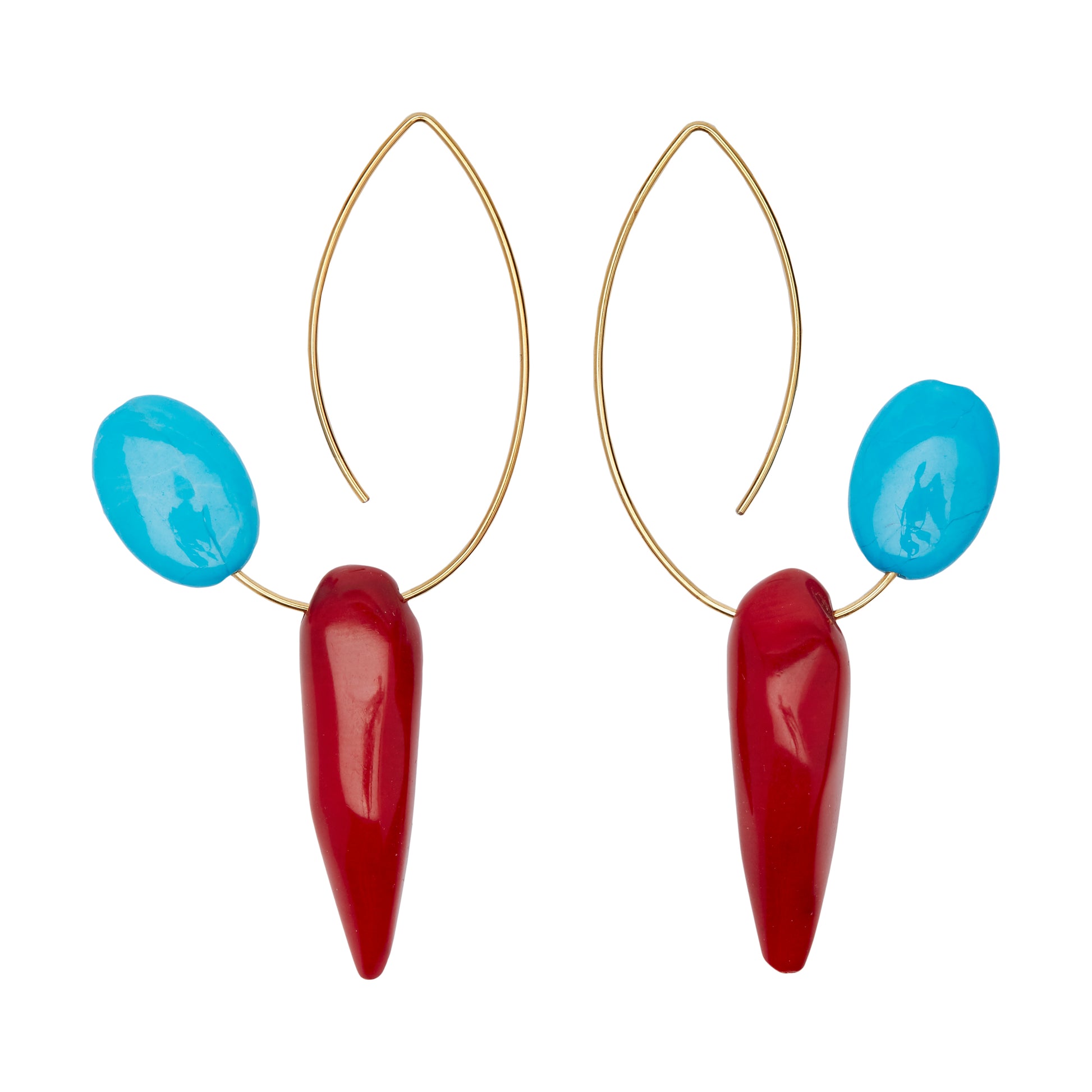 Angled Curve Earrings with Turquoise and Coral
