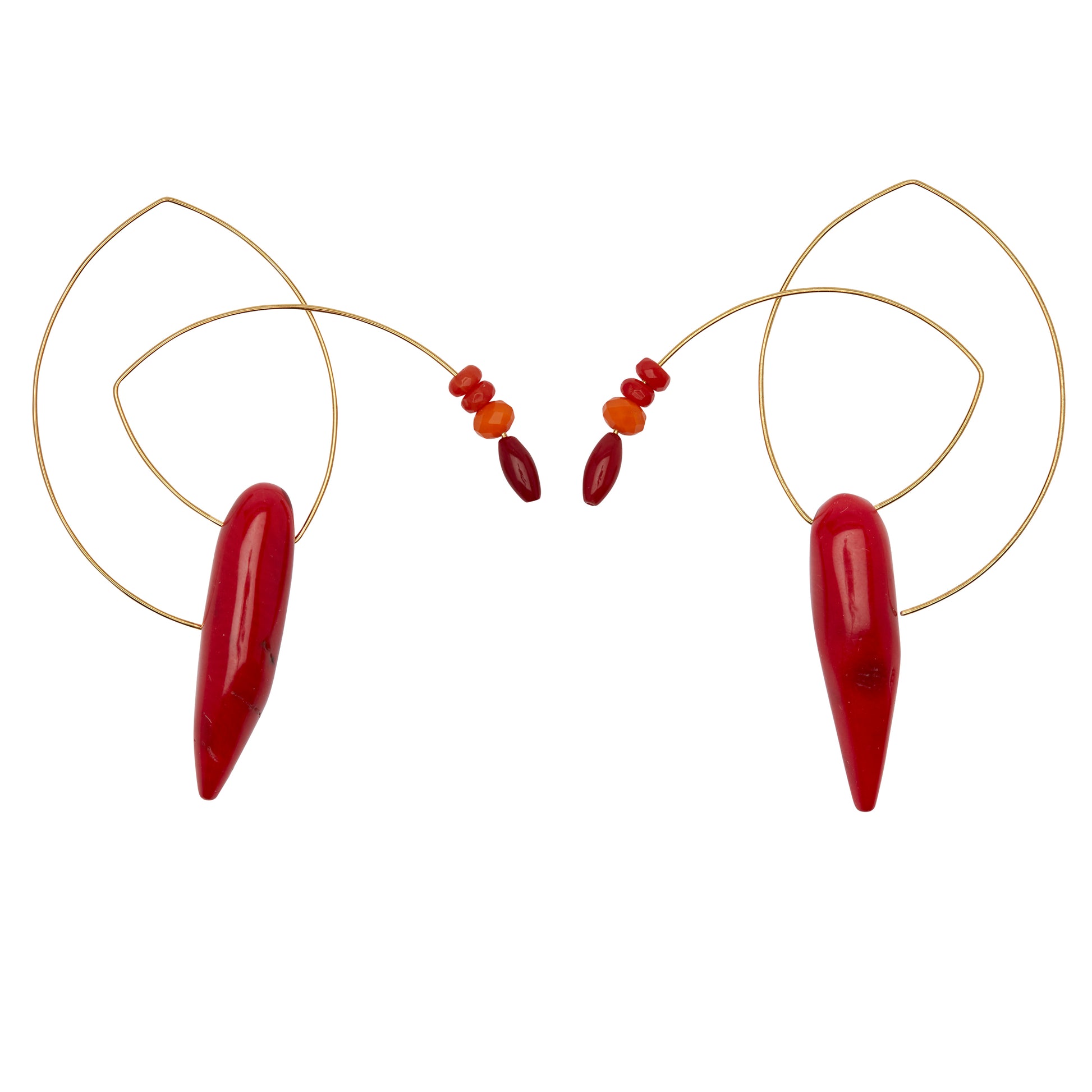 Large Angled Loop Earrings with Red Coral and Orange Coral 