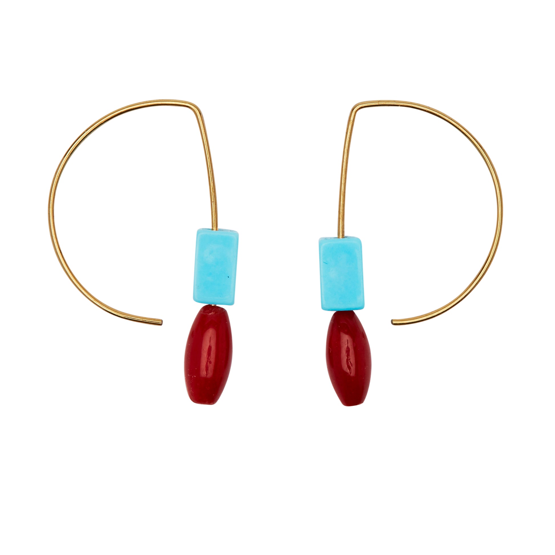 Short Curve Earrings with Red Coral and Turquoise