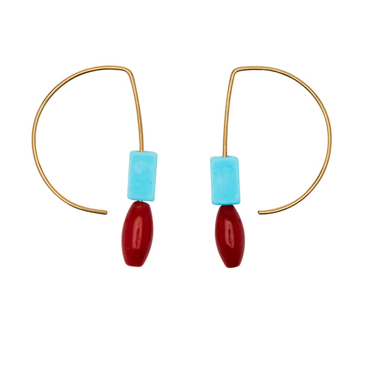 Short Curve Earrings with Red Coral and Turquoise
