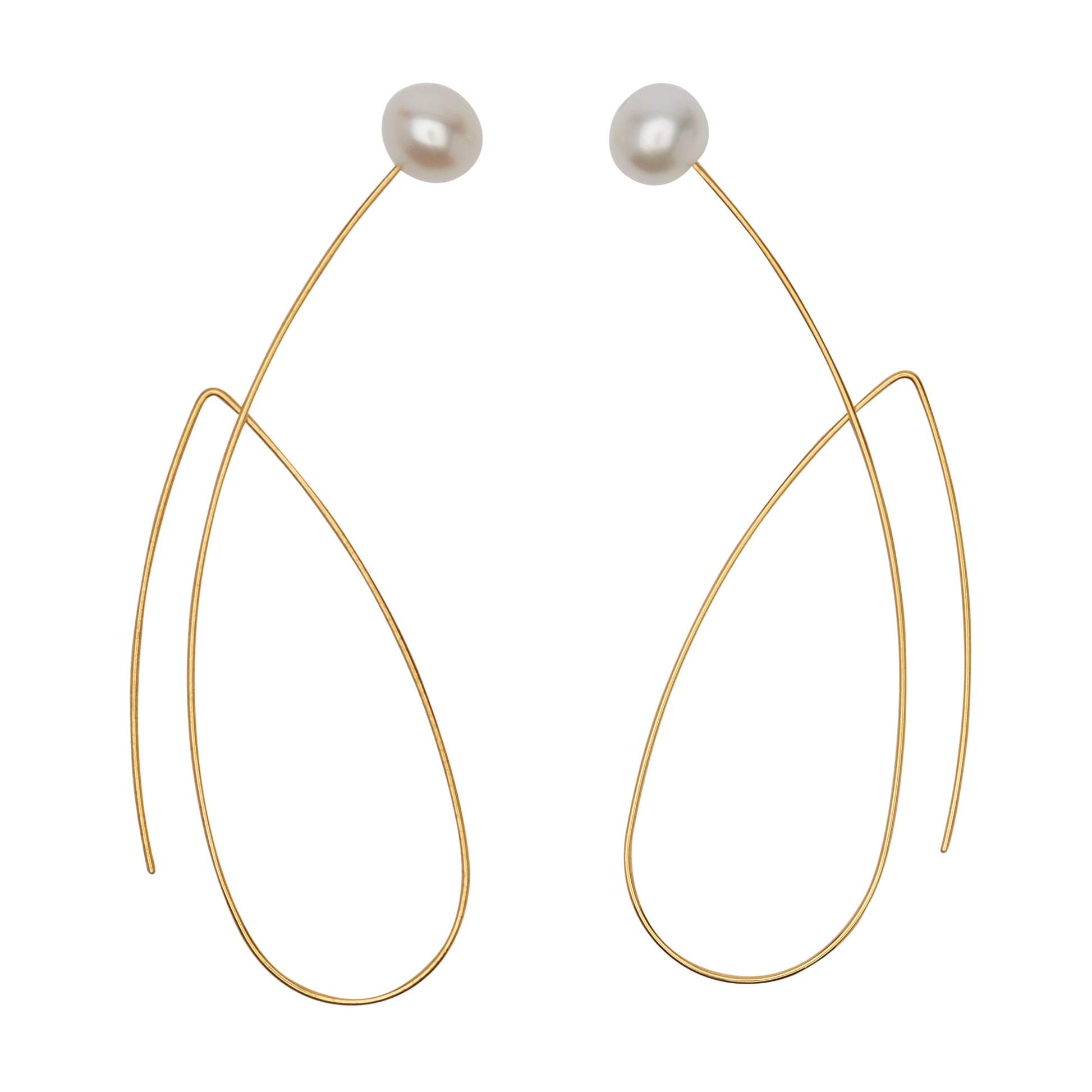 Long Pointed Loop Earrings with White Fresh Water Pearls (5mm)
