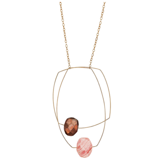 Multi Shape Pendant Necklace with Copper Pyrite & Pink Rhodochrosite