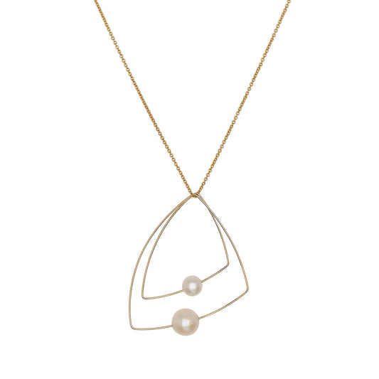 Double Triangle Pendant Necklace with White Pearls