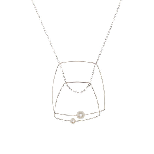 Double Square Pendant Necklace with White Pearls