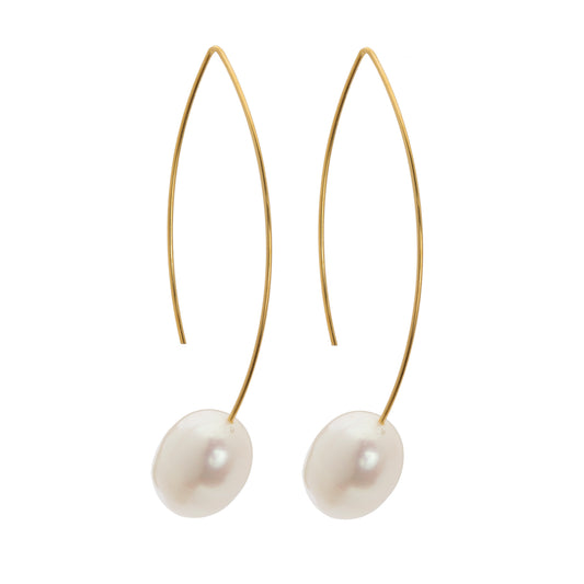 Long Curve Earrings with Oval Freshwater Pearls