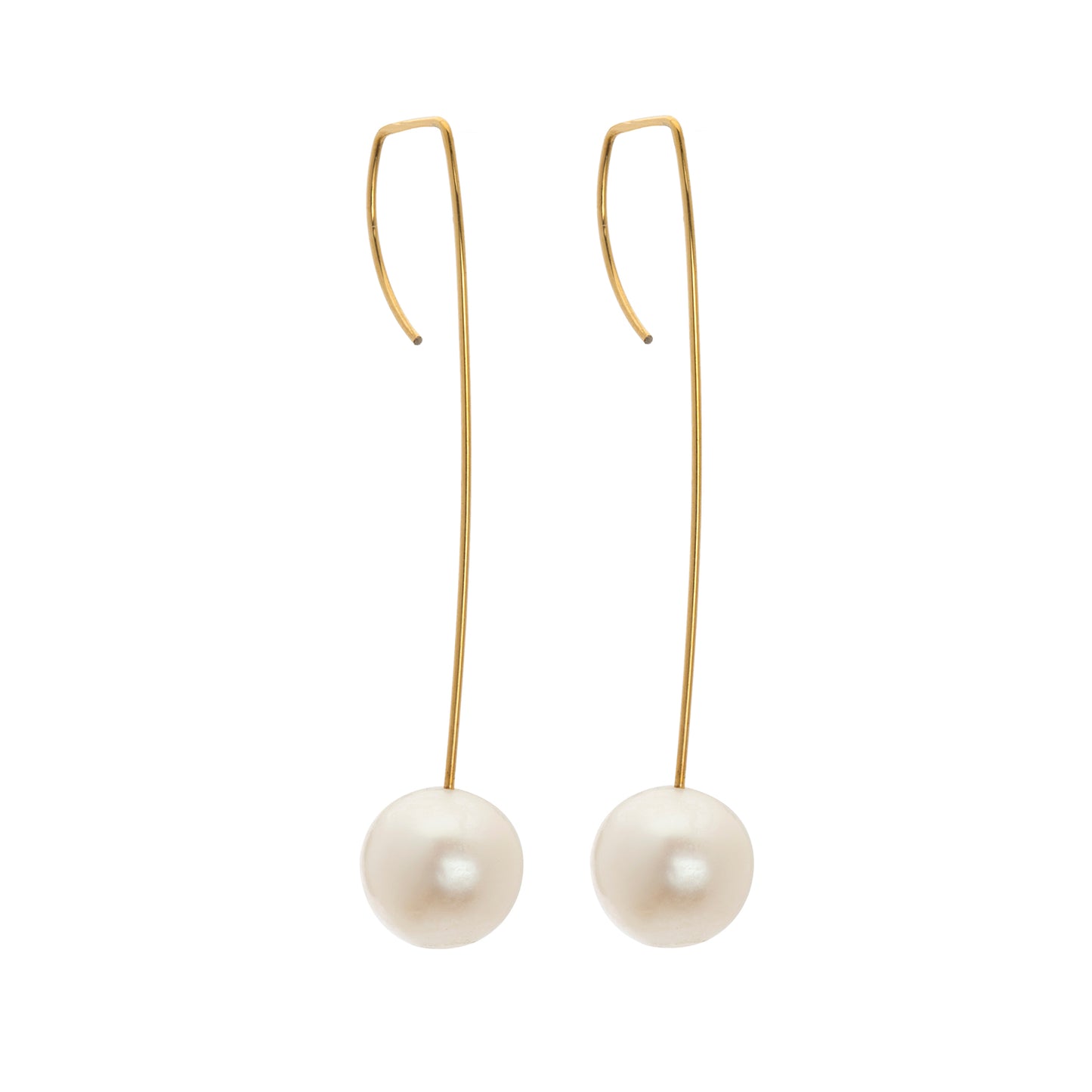 Long Straight Drop Earrings with Round Freshwater Pearls