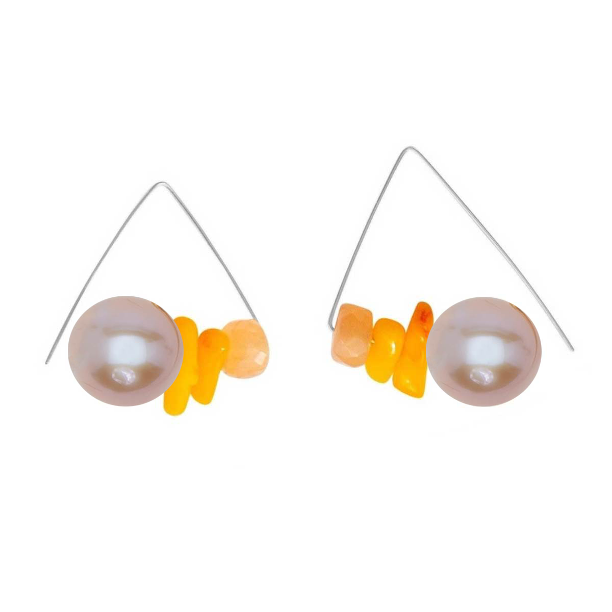 Striking Triangle Lobe Huggers with Yellow Bamboo Coral and Peach Moonstone & 12mm Natural Freshwater Pearl with 5 colour options