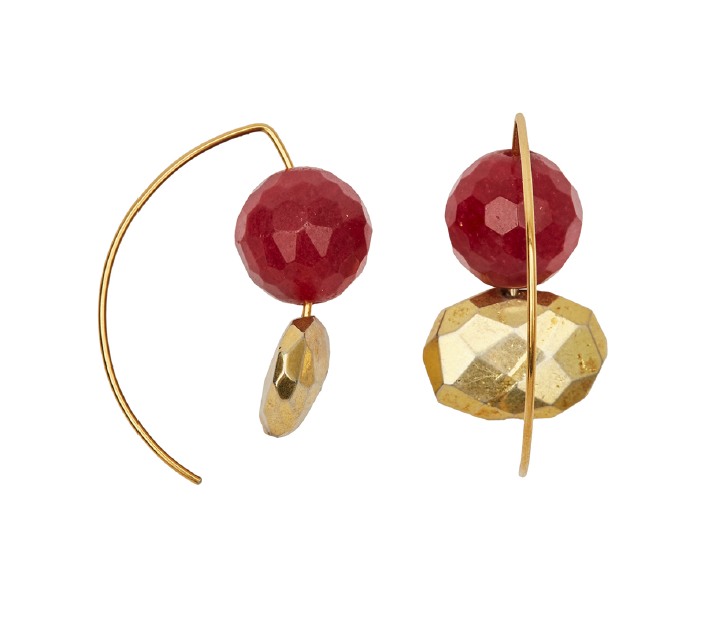 Short Curve Earrings with Red Jade and Gold Pyrite
