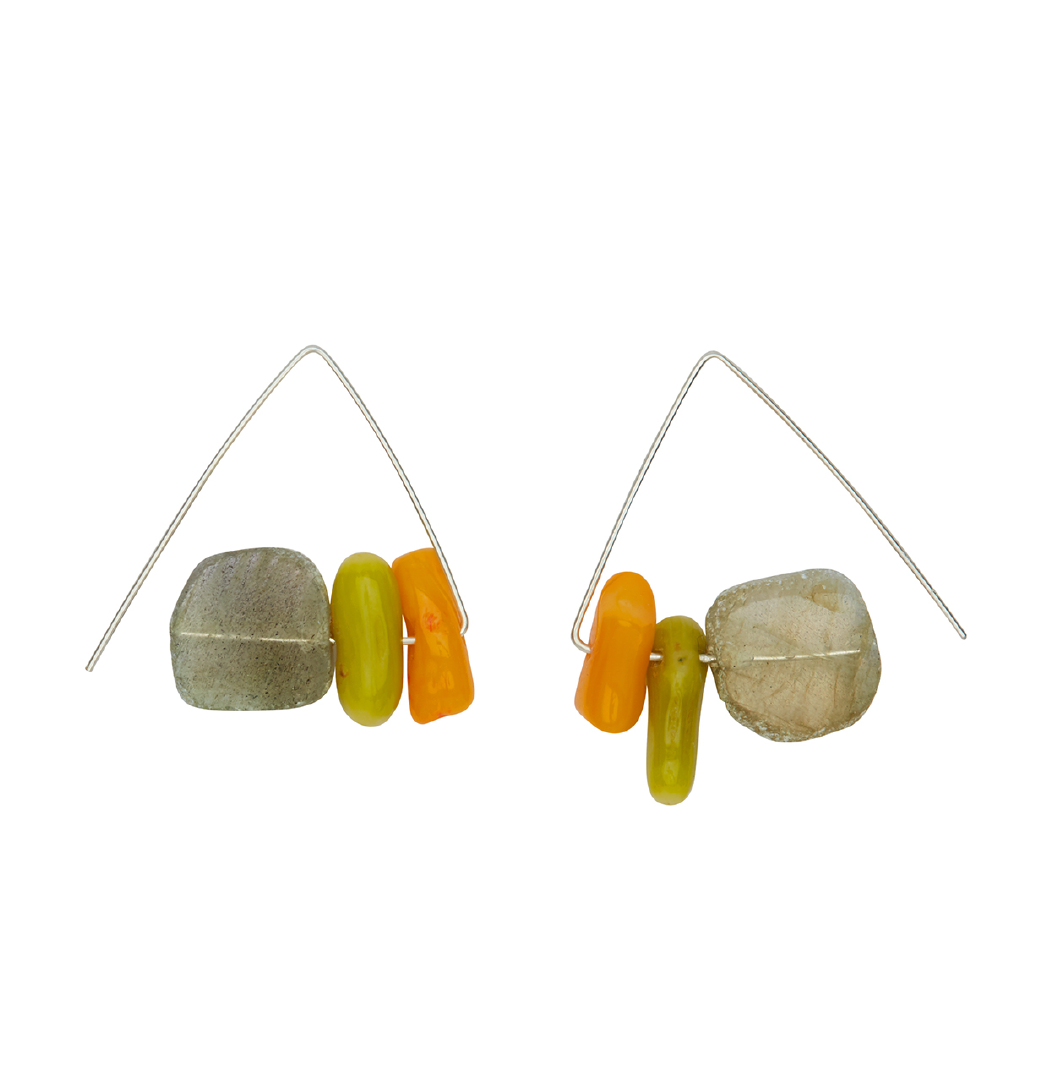 Petite Triangle Hoops with Labradorite and Green & Orange Sea Bamboo