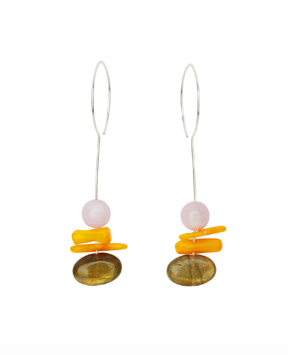 Drop Earrings with Kunzite, Orange Sea Bamboo and Labradorite Oval