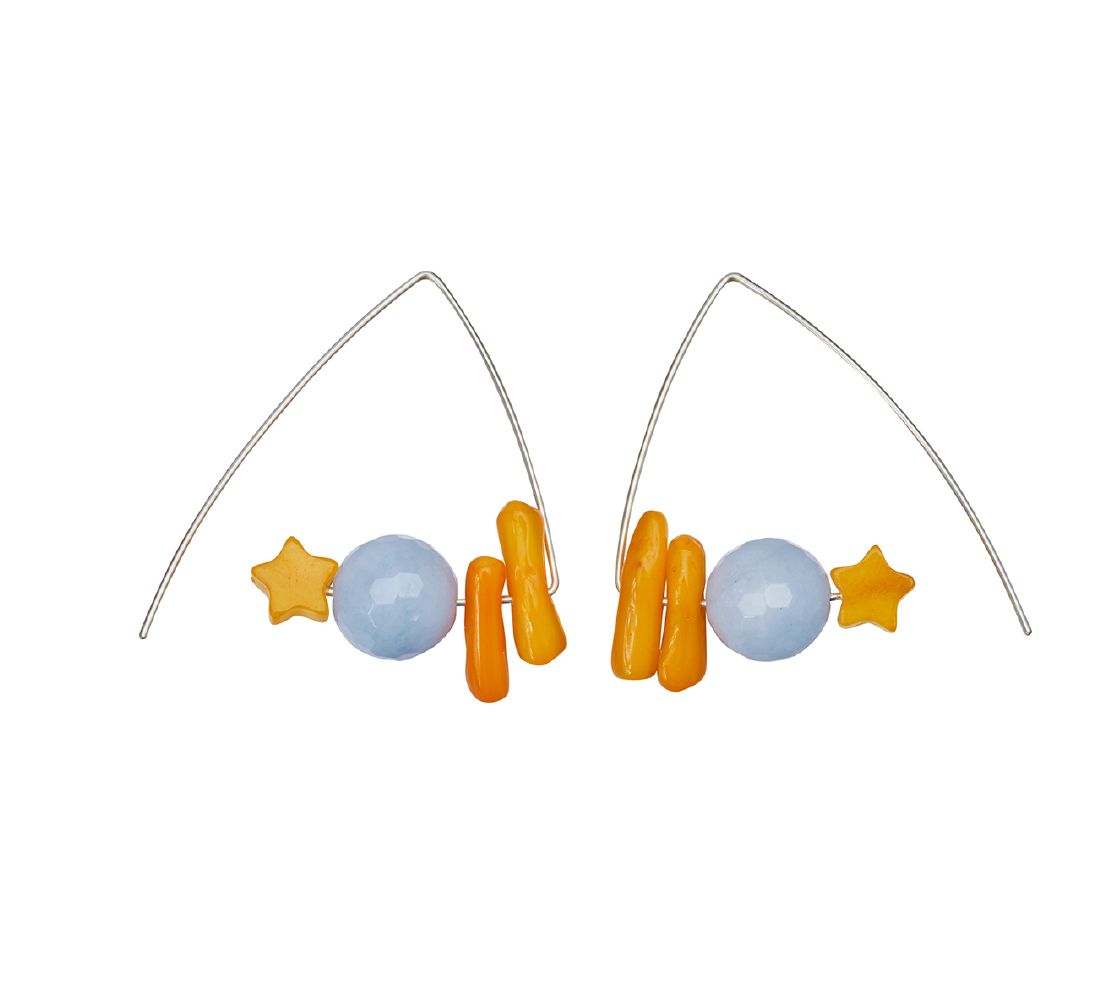 Triangle Earrings with Yellow Aventurine star, Aquamarine and Orange Sea Bamboo