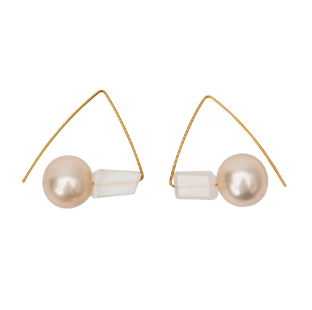 Petite Triangle Hoops with Peach Pearl and White Moonstone