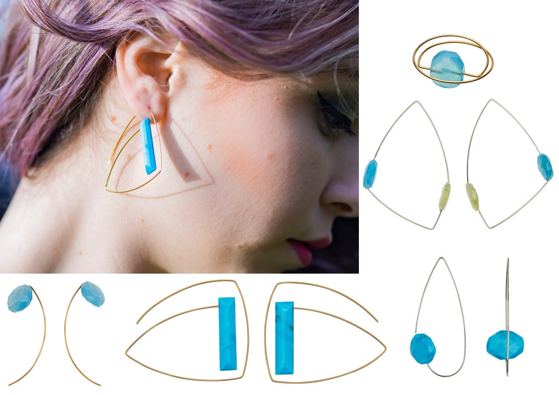 Large Triangle Loop Earrings with hand-cut Gemstones