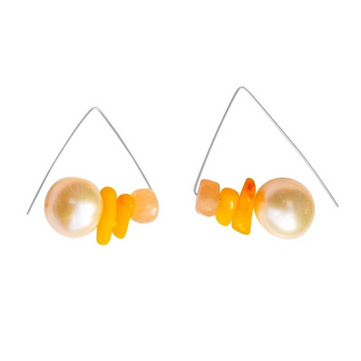 Striking Triangle Lobe Huggers with Yellow Bamboo Coral and Peach Moonstone & 12mm Natural Freshwater Pearl with 5 colour options