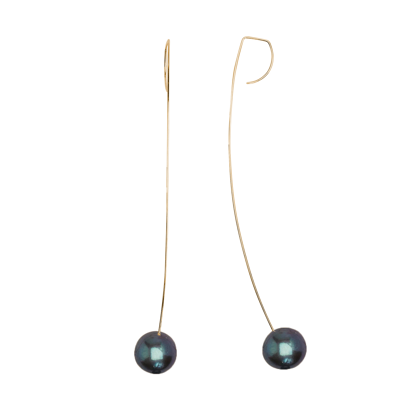 Long Curved Drop Earrings with Round Freshwater Pearls