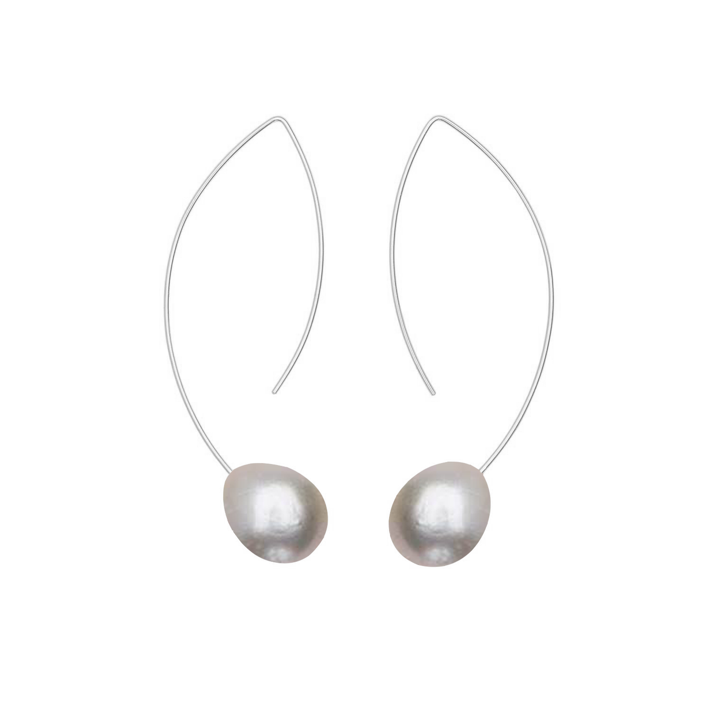 Long Curve Earrings with Drop Round Freshwater Pearls
