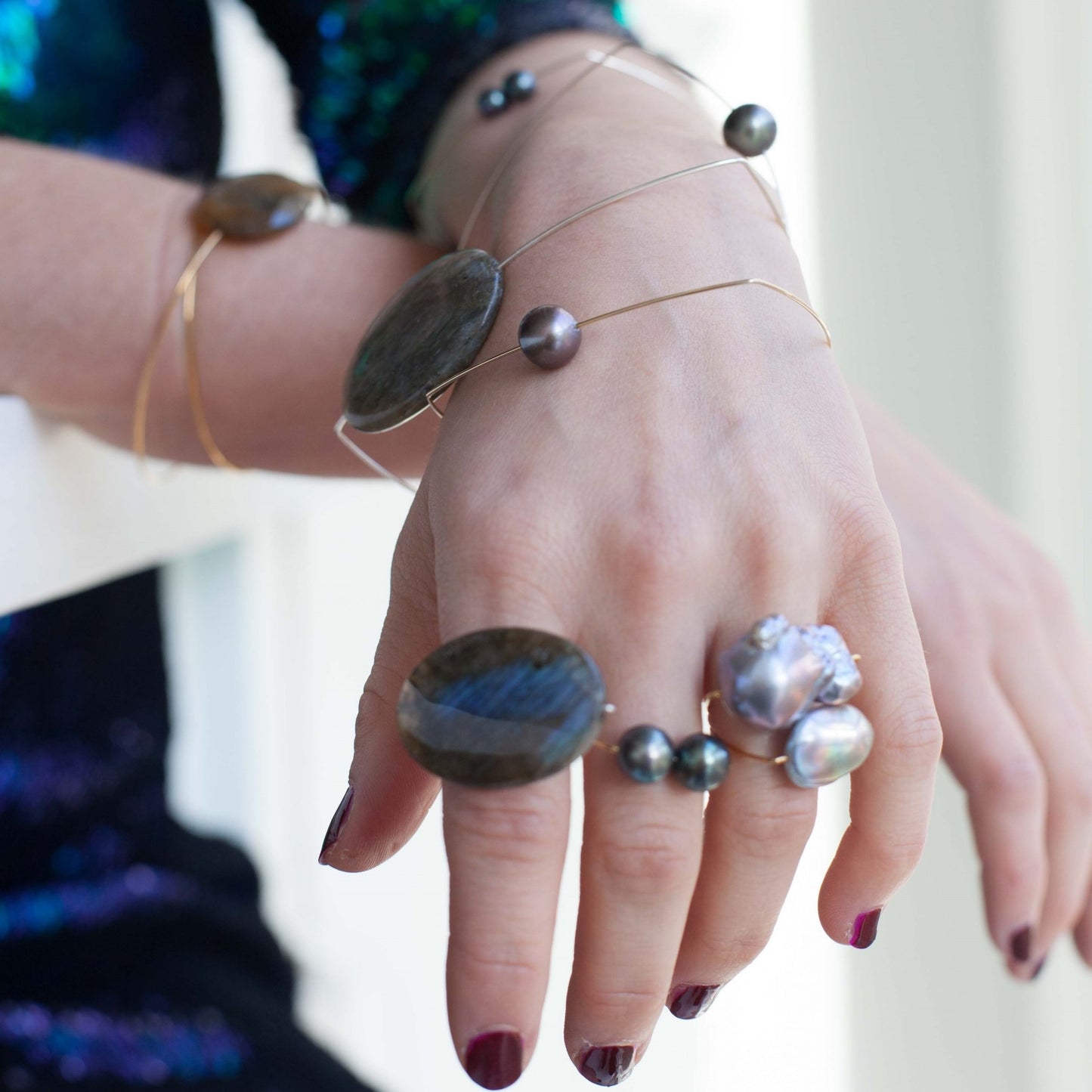 Square Wrap Bangle with Round Freshwater Pearls