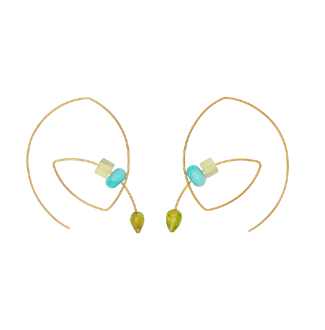 Large Angled Loop Earrings with Jade cube, Turquoise Roundel and Peridot