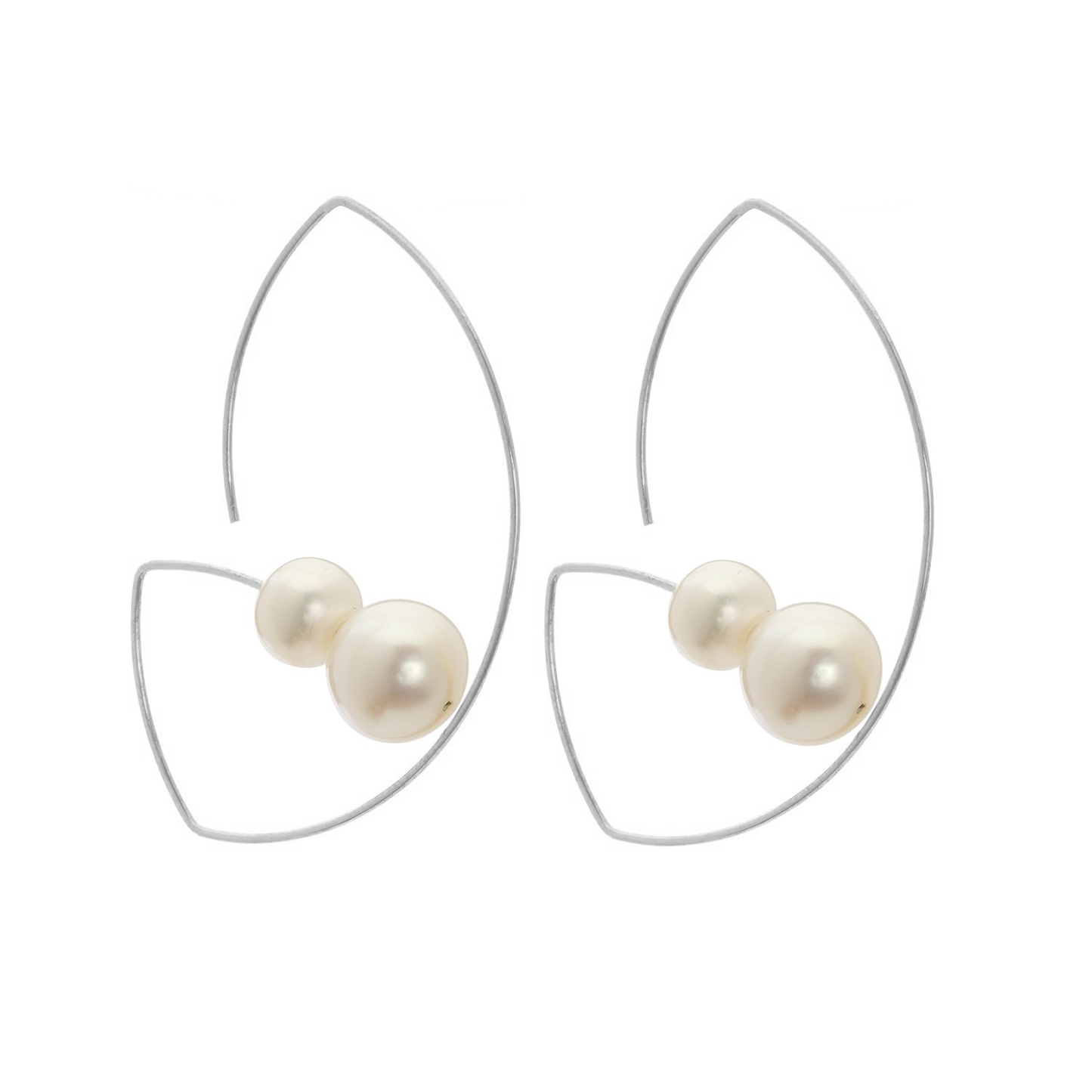 Long Angled Curve Earrings with Round Freshwater Pearls