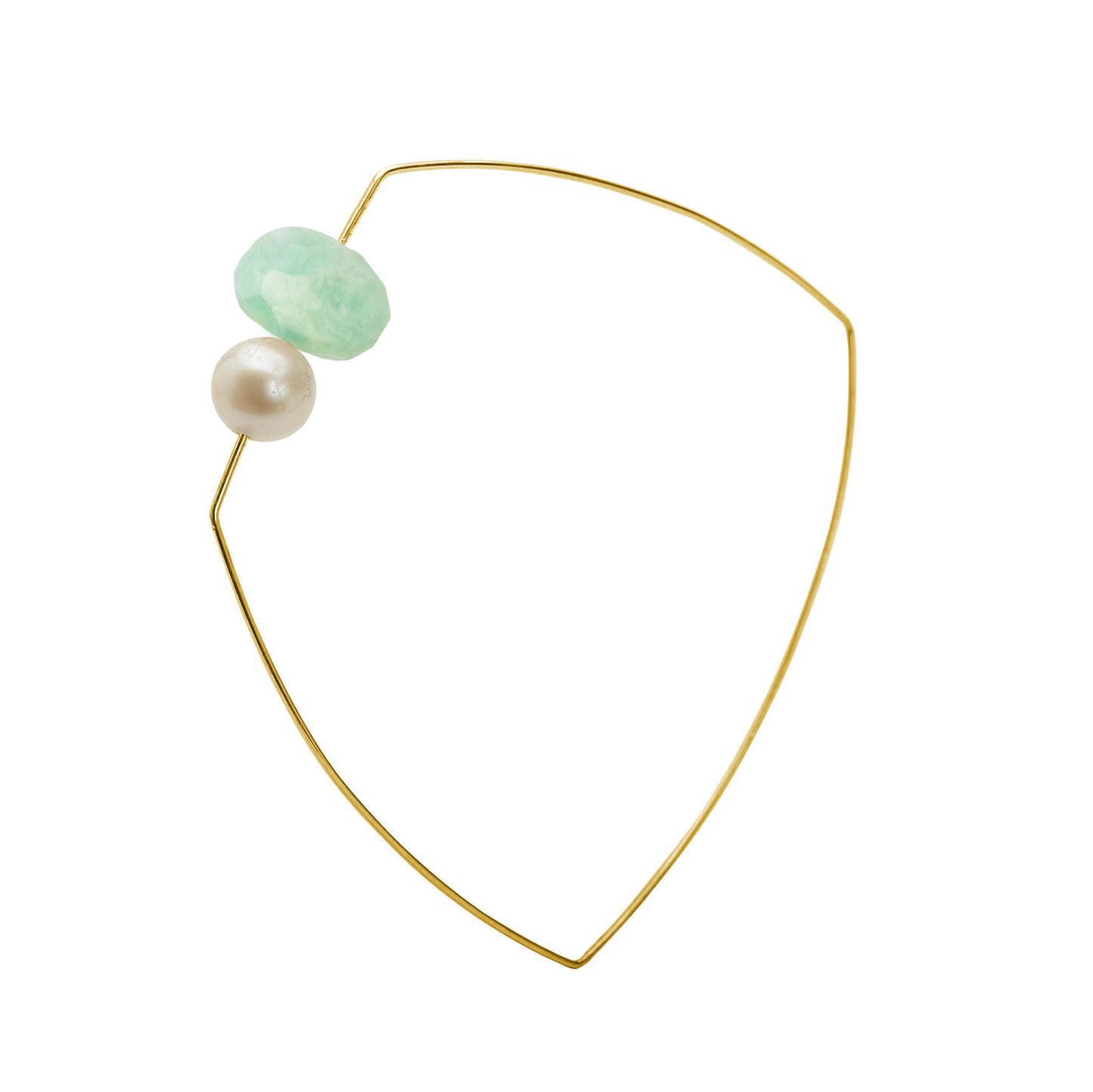 Asymmetric Square Bangle with White Freshwater Pearl and hand-cut precious gemstone