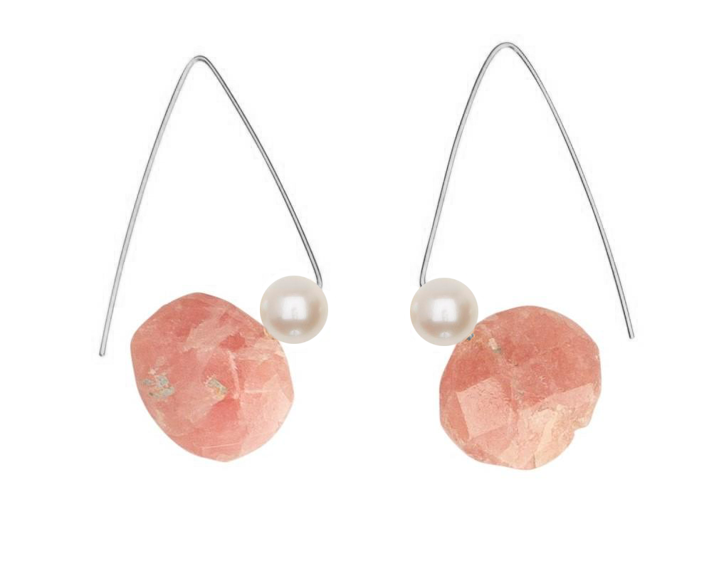 Petite Triangle Lobe Huggers with Pink Rhodochrosite and Round Freshwater Pearls